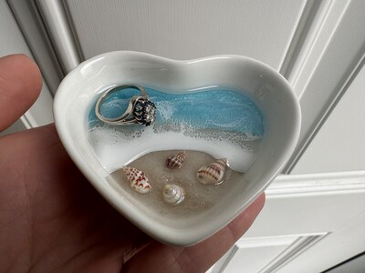 Blue Water Personalized Ring Dish, Beach Ceramic Heart Dish for Wedding Anniversary Gift for Engagement Gift from Realtor Side Table Decor - image2